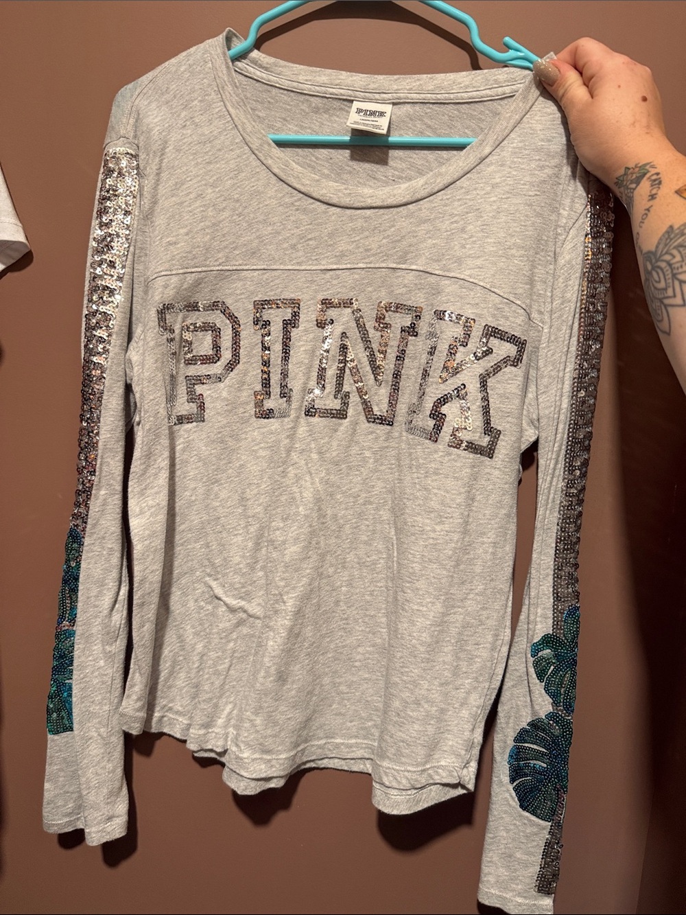 PINK Sequin Logo Long Sleeve Tee - Light Gray with Teal Accents